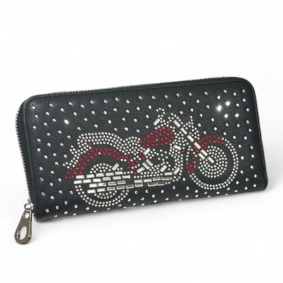 Handbags - Studded Black Wallet with Motorcycle Design